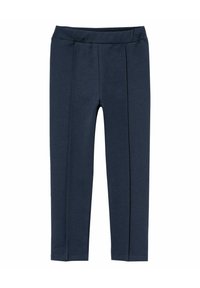 Granatowe legginsy wykonane z elastycznego materiału, charakteryzujące się gładką teksturą, dopasowanym krojem oraz brakiem widocznych elementów zapięcia lub wzorów.