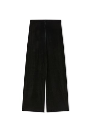 Pantaloni a gamba larga neri realizzati in tessuto morbido. Presentano una superficie liscia, una vita aderente e una silhouette dritta, adatti per uno stile versatile.