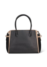 Borsa strutturata in pelle nera goffrata, con dettagli beige e due manici. Include tracolla staccabile e ferrature dorate.