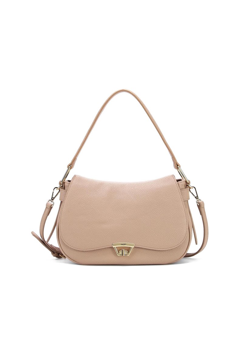 Borsa a mano in pelle beige con una texture liscia, forma curva, hardware dorato e una tracolla removibile per versatilità.