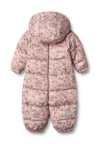 Ružový prešívaný zimný overal s kapucňou, zdobený kvetinovým vzorom, s elastickými manžetami a kruhovou nášivkou s logom na ľavej nohe.