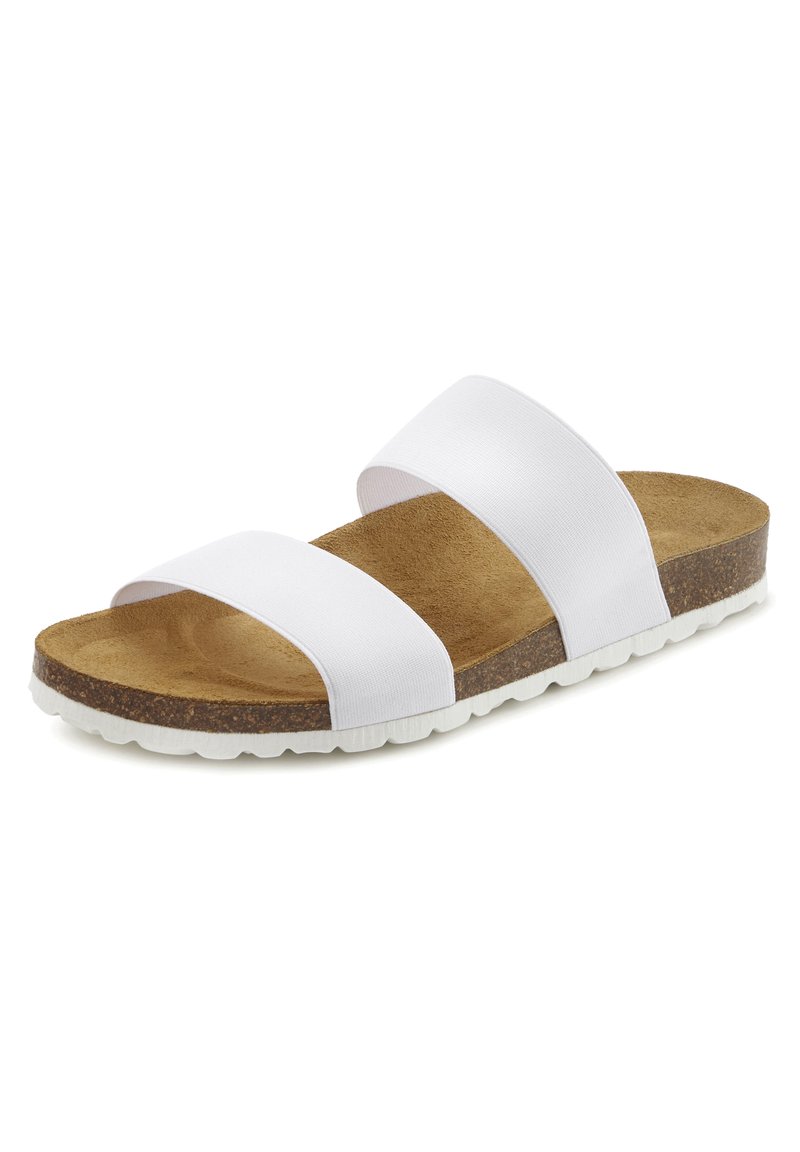 Witte schuimsandalen met twee brede textielbanden, een bruine kurken binnenzool en een gestructureerde witte rubberen buitenzool.