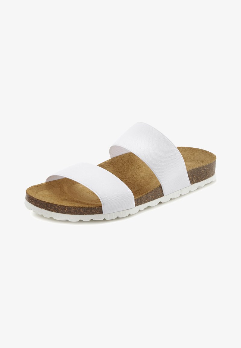 Witte schuimsandalen met twee brede textielbanden, een bruine kurken binnenzool en een gestructureerde witte rubberen buitenzool.