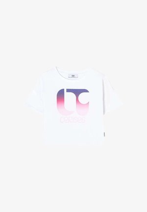 T-shirt en coton blanc à manches courtes, arborant un logo dégradé en texte rose et violet qui dit "cerises". Encolure ronde simple.