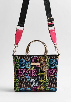 Petit sac à main noir avec des lettres néon colorées, des poignées dorées, une bandoulière réglable rose et noire, et un porte-clés pendentif.