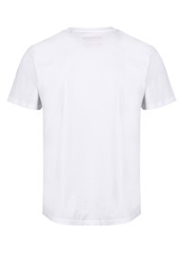 Valkoinen puuvillat-paita, jossa on lyhyet hihat ja pyöreä kaula-aukko. Takana on hillitty logomuotoilu, joka on hieman tummemmassa sävyssä.