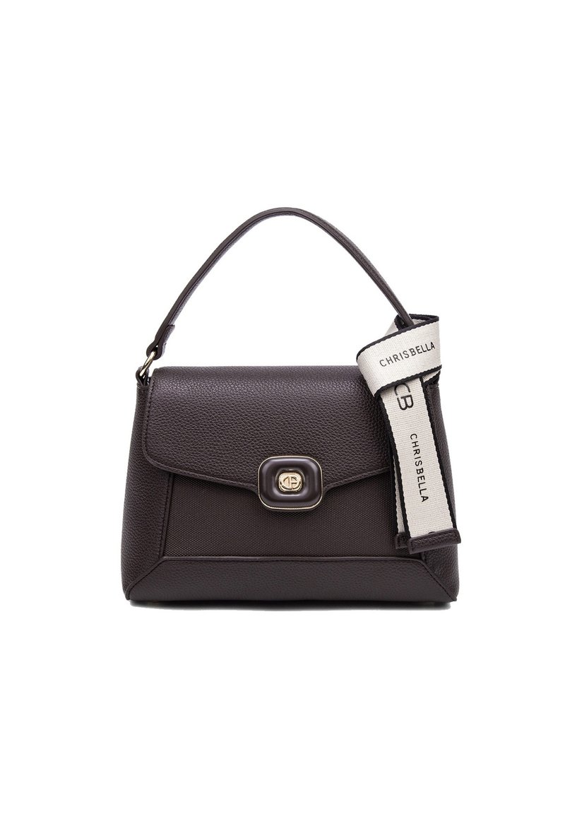 Borsa a mano in pelle marrone scuro con design strutturato, dotata di manico superiore e di una chiusura decorativa, accompagnata da un'etichetta in tessuto brandizzata.