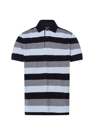 Kurzärmeliges Poloshirt mit abwechselnden schwarzen, grauen und hellblauen horizontalen Streifen und einem schwarzen Kragen.