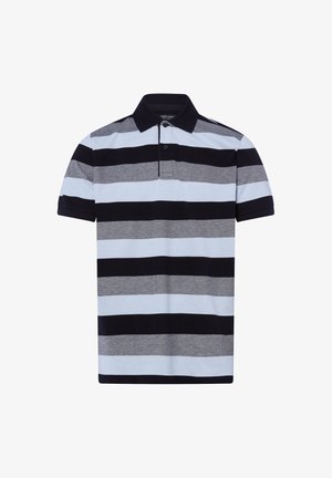 Kurzärmeliges Poloshirt mit abwechselnden schwarzen, grauen und hellblauen horizontalen Streifen und einem schwarzen Kragen.