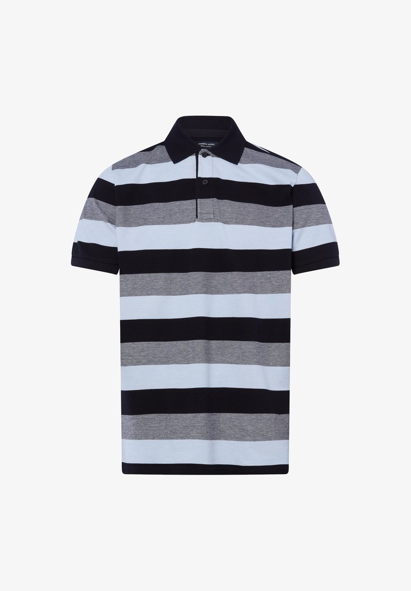 Polo à manches courtes avec des rayures horizontales alternées noir, gris et bleu clair et un col noir.