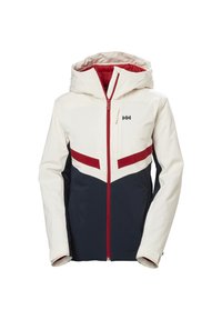 Ski jacket featuring a white top section, dark navy bottom, and red accents. Hooded design with a central zipper and logo on the chest.