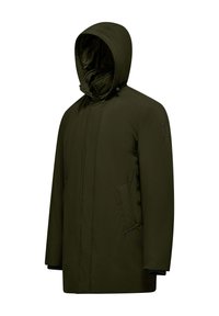 Donkergroene hooded jack met een ritssluiting aan de voorkant, voorzien van zijzakken en een textuurstof, ontworpen voor warmte en comfort.