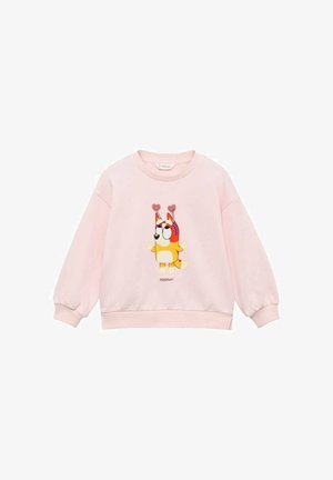 Lichtroze sweatshirt met geribbelde mouwen en hem. Bevat een cartoonhond grafiek met harten en de tekst "HOERA!" onder het ontwerp.