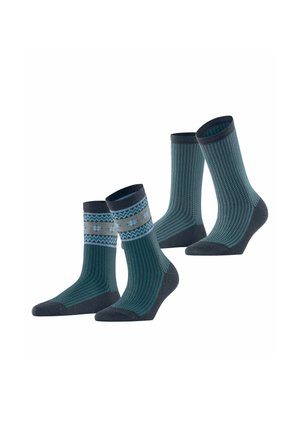 Set van drie paar sokken in donker teale en marineblauw, met geometrische patronen en een textuur gebreid ontwerp met versterkte hielen en neuzen.