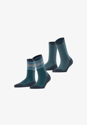 Set of three socks in dark teal and navy, featuring geometric patterns and a textured knit design with reinforced heels and toes.