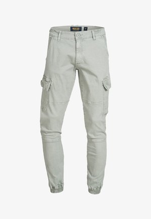 Light gray cargo pants made of cotton blend, featuring side pockets, tapered fit, adjustable cuffs, and a button closure.