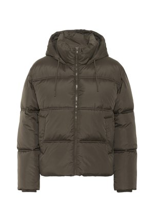 Jachetă puffer de culoare verde măsliniu închis, cu glugă, închidere cu fermoar, croială boxy și model matlasat vizibil, dotată cu șireturi pentru ajustare.