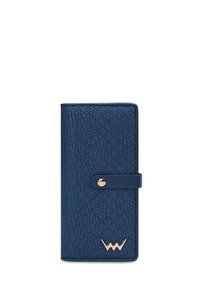 Blue textured wallet with a press stud closure and a gold accent logo. Features a rectangular shape with curved edges.