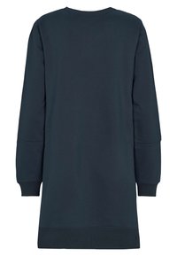 Marineblauer Langarmpullover mit Rundhalsausschnitt, gerippten Bündchen und geradem Saum. Weiches Baumwollmaterial, ohne Muster oder Akzente.