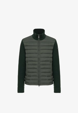 Veste verte avec un avant matelassé, des manches et un col en tricot, fermeture éclair et poignets côtelés. Matériau durable au design structuré.