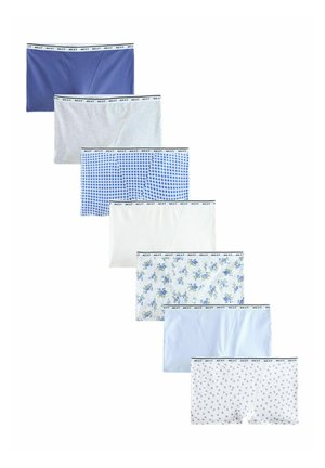 Seven pairs of men's boxer briefs in various colors and patterns, including blue, gray, checkered, floral, light blue, and polka dots, arranged vertically.