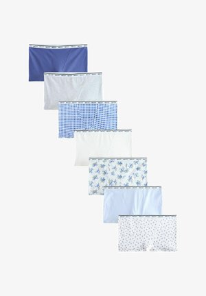 Septiņas vīriešu bokseršortu pāri dažādās krāsās un rakstos, tostarp zils, pelēks, rūtainas, ziedu raksts, gaiši zils un punktiņi, sakārtoti vertikāli.