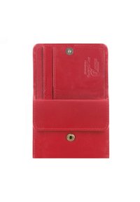 Red leather wallet featuring a snap closure, multiple card slots, and a smooth texture. Embossed logo detail on the interior.