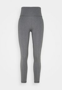 Leggings grises con una cinturilla alta, confeccionadas en una tela elástica, que presentan costuras planas y una textura elegante y suave. Sin logotipos ni patrones visibles.