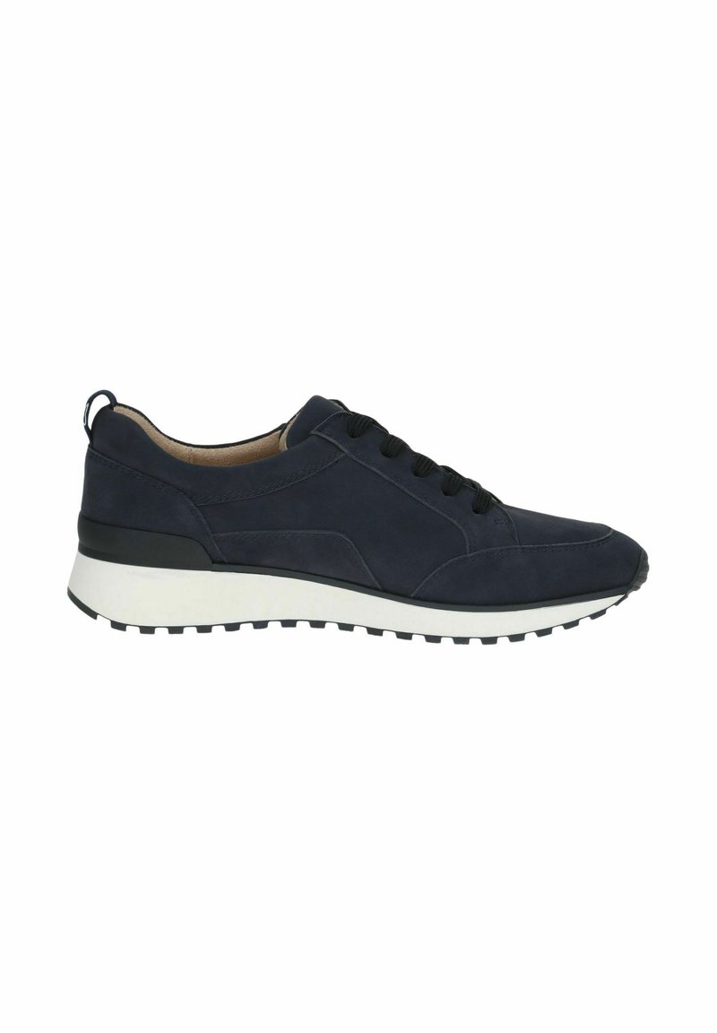Navyblaue Suede-Sneaker mit schwarzen Schnürsenkeln, einer weißen Zwischensohle und einer strukturierten schwarzen Gummisohle. Verfügt über einen gepolsterten Kragen und minimale Designelemente.