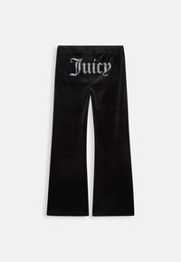 Czarne spodnie welurowe z rozszerzanymi nogawkami i słowem "Juicy" z białych kryształków na tylnej części talii.