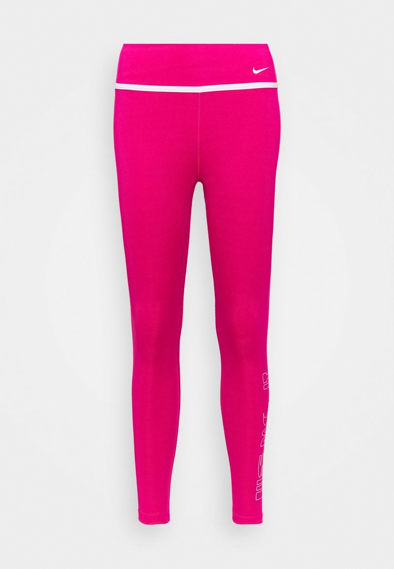 Tajta rosa leggings i stretchigt material, med en vit midjeresår och en logodetalj på vänster ben. Slät yta, utan mönster.