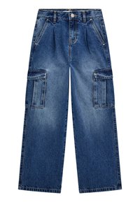 Jeans cargo de pierna ancha en denim azul oscuro, con dos bolsillos laterales y dos bolsillos cargo. Acabado texturizado con detalles de costura visible.