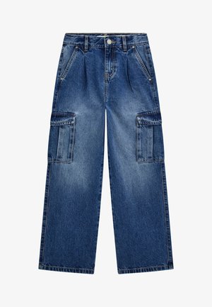 Korkeat völjyt cargo-farkut tummansinisestä denimestä, joissa on kaksi sivutaskua ja kaksi cargo-taskua. Pintakuviointi näkyvillä ommel yksityiskohdilla.