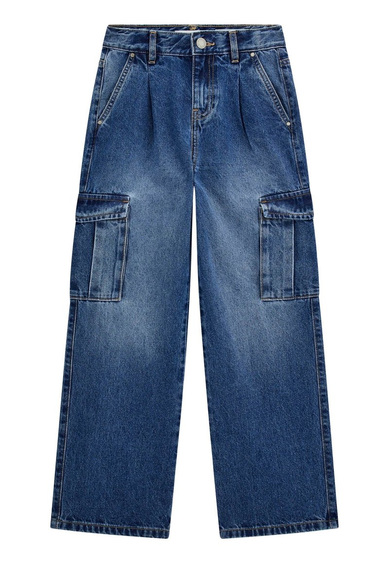 Wide-leg cargo jeans in dark blue denim, featuring two side pockets and two cargo pockets. Textured finish with visible stitching details.