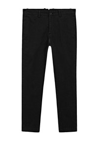 Pantalons chino en coton noir avec une taille à passants de ceinture, une fermeture à bouton et des jambes droites. Texture lisse sans motifs ni accents.