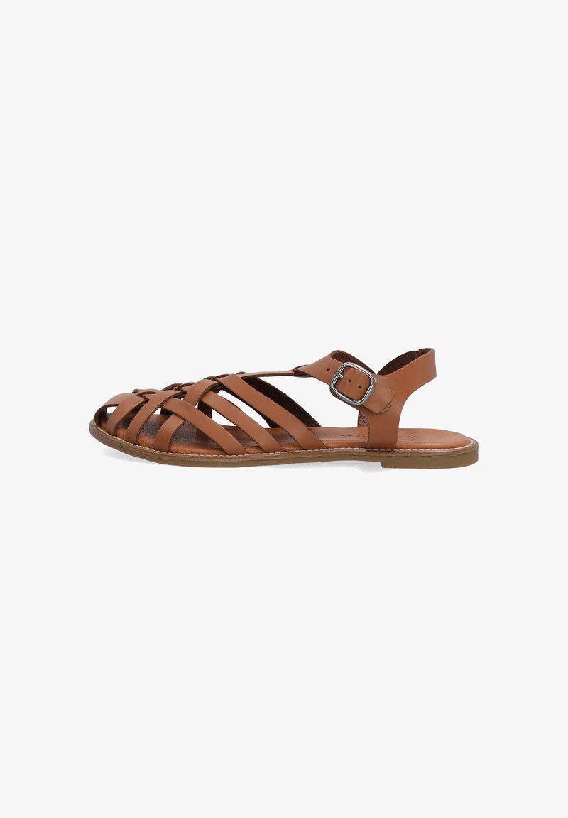 Brown leather sandal with multiple straps, open toe design, adjustable ankle buckle, flat sole, and smooth texture.