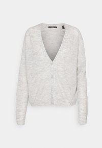 Světle šedý kardigan vyrobený z pletené látky, s výstřihem do V, dlouhými rukávy a zapínáním na pět knoflíků vpředu.