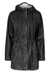Czarna wodoodporna kurtka z kapturem, regulowanym ściągaczem w talii, dwoma przednimi kieszeniami, zatrzaskami i gładką podszewką.