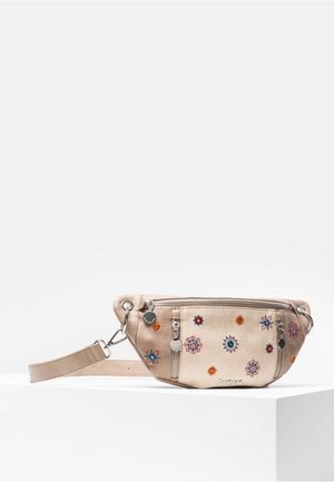 Beige læder bæltetaske med justerbar rem, dekoreret med farverige broderede blomster- og mønstrede detaljer samt forreste lynlåslommer.