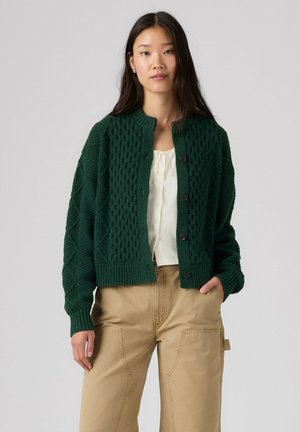 Donna che indossa un cardigan a trecce verde scuro abbottonato sopra una camicetta bianca e pantaloni cargo beige, in piedi con una mano in tasca.