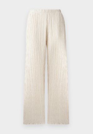Cream-colored wide-leg pants with a textured, pleated design and an elastic waistband. Straight cut with a soft, flowing appearance.