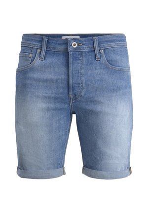 Lysblå denimshorts med ophøjede opsmøg, frontknap og lynlås, bæltestropper og forlommer.