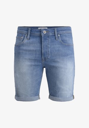 Jasnoniebieskie szorty dżinsowe z podwiniętymi mankietami, z przodu zapinane na guzik i zamek błyskawiczny, z szlufkami na pasek oraz kieszeniami z przodu.