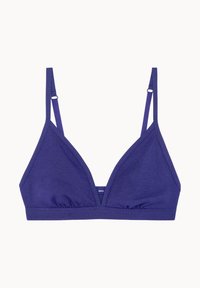 Bralette violet côtelé de forme triangulaire, avec des bretelles réglables et des fronces au centre. Fabriqué en tissu doux et extensible.