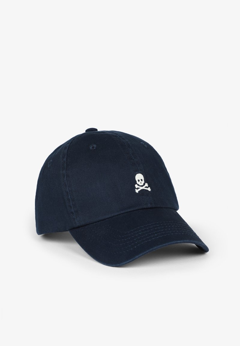Navy blue baseball cap made of cotton with a curved brim, featuring a white skull and crossbones embroidered on the front.