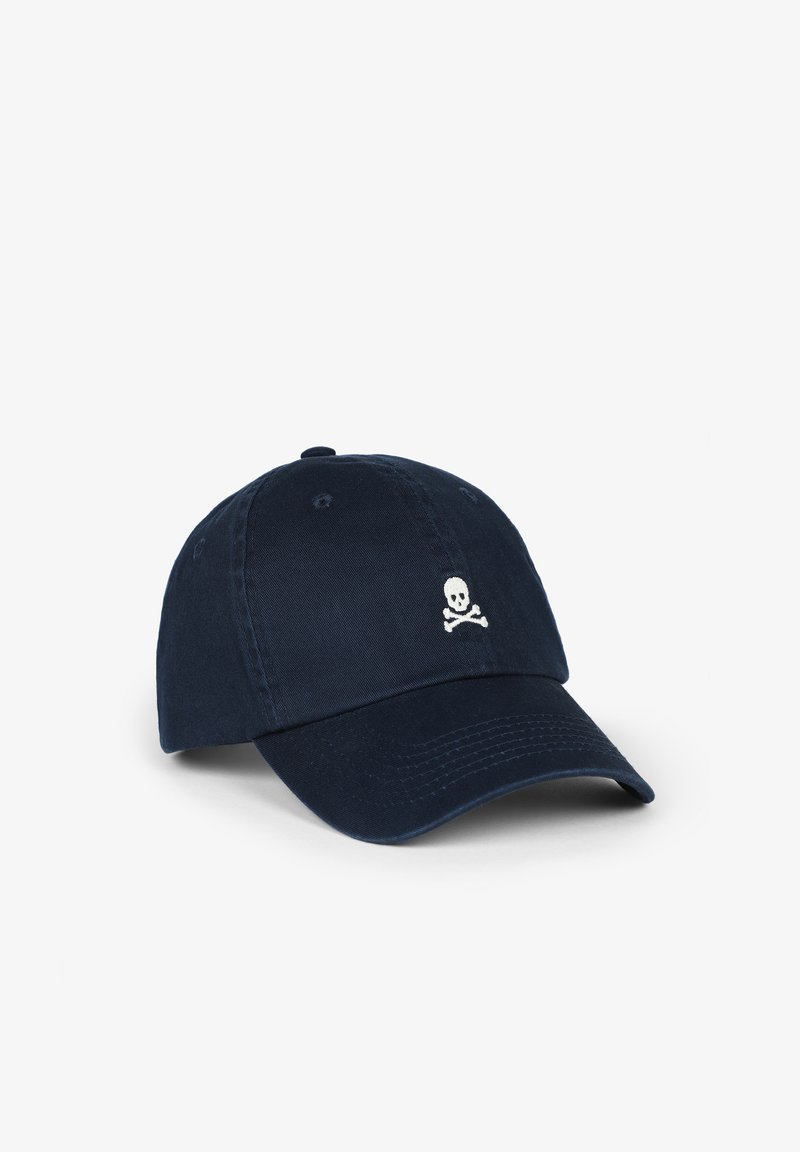 Navy blue baseball cap made of cotton with a curved brim, featuring a white skull and crossbones embroidered on the front.