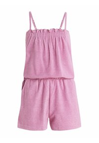 Roze terrykatoenen romper met verstelbare spaghetti-bandjes, gathered bovenstuk, elastische taille en zijzakken. Zachte textuur en casual ontwerp.