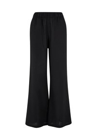 Pantalon noir à jambes larges avec taille élastique, fabriqué en tissu léger, présenté sur fond blanc uni.