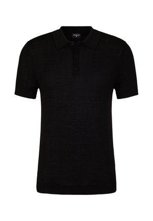 Polo nero con una texture morbida, maniche corte e una pattina con tre bottoni. Caratterizzato da un colletto classico e orli a coste delle maniche.
