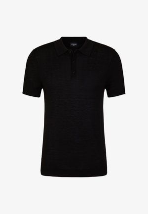 Schwarzes Poloshirt mit weicher Textur, kurzen Ärmeln und einer Knopfleiste mit drei Knöpfen. Verfügt über einen klassischen Kragen und gerippte Ärmelabschlüsse.